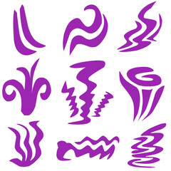 Set of purple abstract brush strokes in unique shapes on white background for design elements