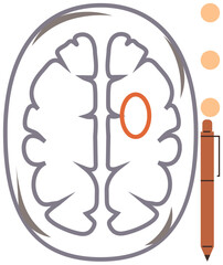 Obraz premium Diagram of brain highlighting specific region with surrounding markings, adjacent to pen illustration. Ideal for neurology, neuroscience, education, research, healthcare, diagnostics, simple landing