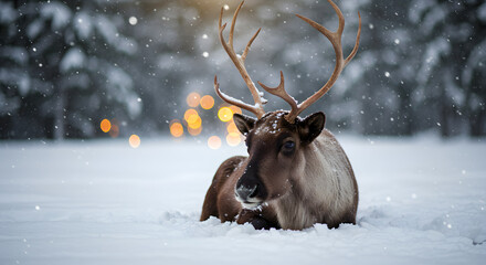A serene reindeer rests in the snow, surrounded by a winter landscape with soft bokeh lights.