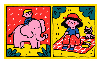 Young Boy Rides a Pink Elephant While Girl Sits on Picnic Mat with Cat