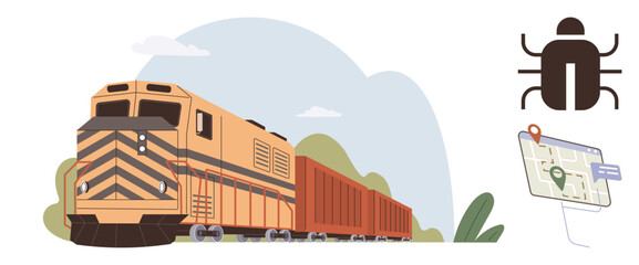 Cargo train moving on railway surrounded by nature, a map with location pin, and bug icon. Ideal for logistics, transportation, delivery, technology, tracking cybersecurity safety. Simple flat