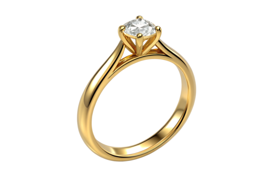Elegant yellow gold engagement ring featuring a sparkling solitaire diamond, presented in a classic setting and isolated on a white background.