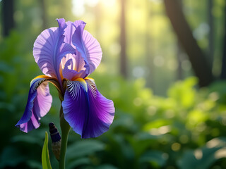A vibrant purple iris stands tall, illuminated by sunlight filtering through a lush green forest backdrop.