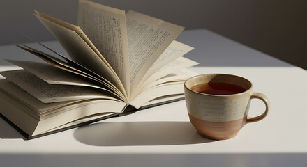 Fototapeta premium Open book and warm tea enjoy quiet morning