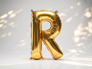 Photo of shiny gold foil balloon shaped like the letter r, isolated on white background with soft shadows and light reflections