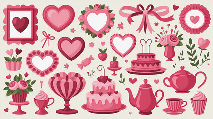 Pink hearts cakes and floral arrangements with ribbons and tea set image