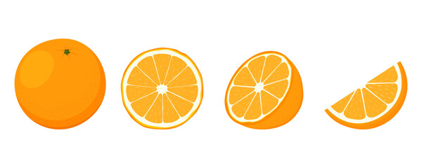 Vector illustration set of orange fruit: whole, half, slice, and wedge. Perfect for juice packaging, healthy food design, summer recipes, kitchen decor, and nutrition concepts.