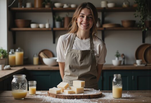 Woman smiling while preparing soap base ingredients in a cozy kitchen