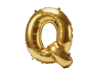 Photo of golden foil balloon in the shape of the letter q, isolated on transparent background