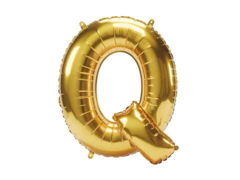 Photo of golden foil balloon in the shape of the letter q, isolated on transparent background