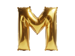 Photo of golden metallic foil balloon shaped like the letter m, isolated on transparent background