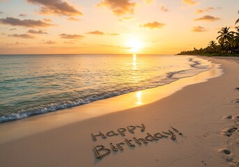 Happy Birthday Message Written in Sand at Tropical Sunset Beach