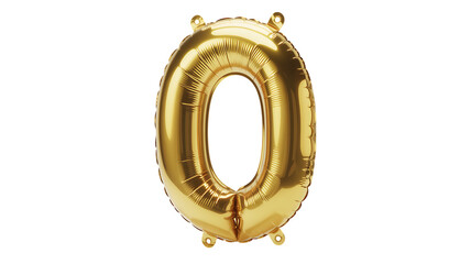 Photo of gold foil balloon shaped like the number zero, isolated on transparent background