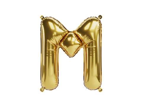 Photo of gold foil balloon shaped like the letter m, isolated on transparent background