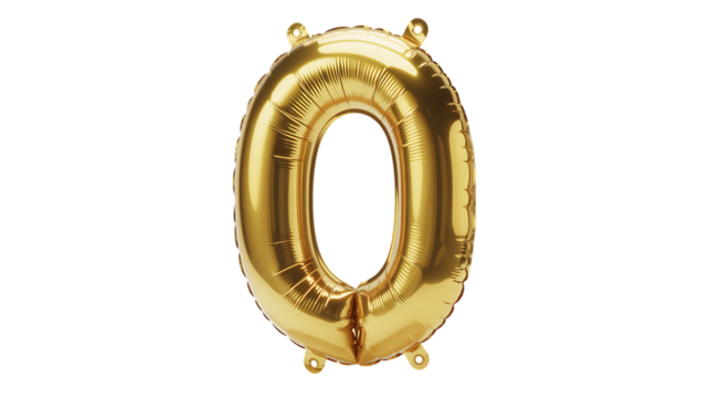 Photo of gold foil balloon shaped like the number zero, isolated on transparent background
