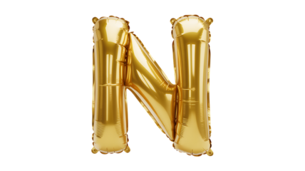 Photo of golden metallic balloon in the shape of the letter n, isolated on transparent background, perfect for celebrations and decorations