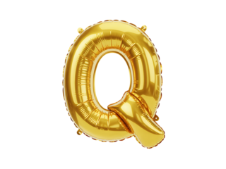 Photo of gold foil balloon in the shape of the letter q, isolated on transparent background