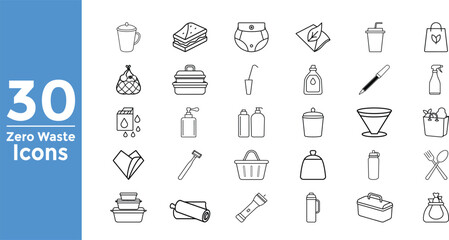 "30 Zero Waste Icons Set – Line Style Eco-Friendly, Sustainable Living, Reusable, Plastic-Free, Recycling, Composting & Minimal Waste Lifestyle Symbols for Green Projects, UI, and Eco Design"

