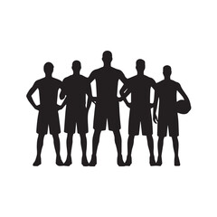 Silhouette of a basketball team standing together, showcasing teamwork, sport, and competition, isolated on white background a group of male athletes in uniform ready to play a game