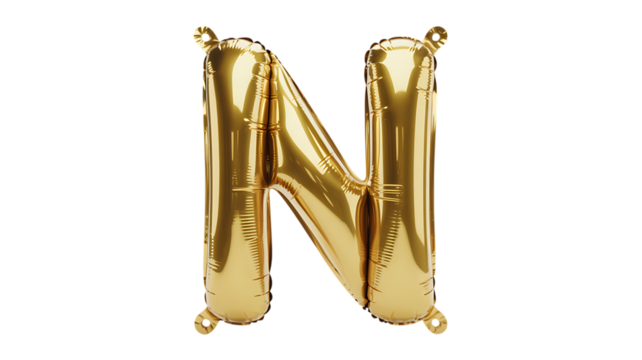 Photo of gold foil balloon in the shape of the letter n, isolated on transparent background