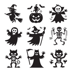 Fototapeta premium Halloween silhouettes isolated on white background featuring a witch, pumpkin, ghost, skeleton, monster, cat, grim reaper, and devil, perfect for holiday decorations and spooky designs