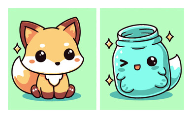 Cute Cartoon Fox and Adorable Jar Character on a Colorful Background