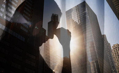 Silhouette of a depressed  stressed tired woman in city,  sadness and depression