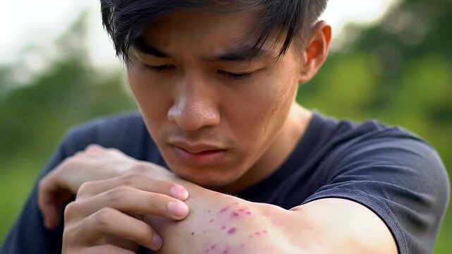 Concerned Young Asian Man in Black Shirt Examines Red Welt Covered Arm in Natural Light A Close Up Shot Showcasing Allergic Reaction Insect Bites and Skin Irritation Against Blurred Green Background