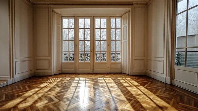 sunlight streams into an empty parisian apartment showcasing parquet floors and elegant wall paneling design