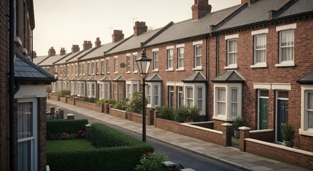 A quiet street with traditional British red brick terraced houses. Row of Victorian style homes in a suburban neighborhood in the UK.