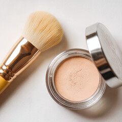 Yellow Makeup Brush and Powder on White Background