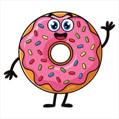 Vector illustration of a funny donut cartoon character with sprinkles wanting a hug ideal for snack food branding and cheerful marketing visuals.