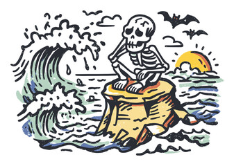 Skeleton Sitting on Rock by Ocean Waves at Sunset with Bats Flying