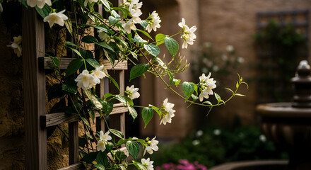 A tranquil garden scene featuring jasmine flowers climbing a trellis, creating a peaceful and inviting atmosphere.
