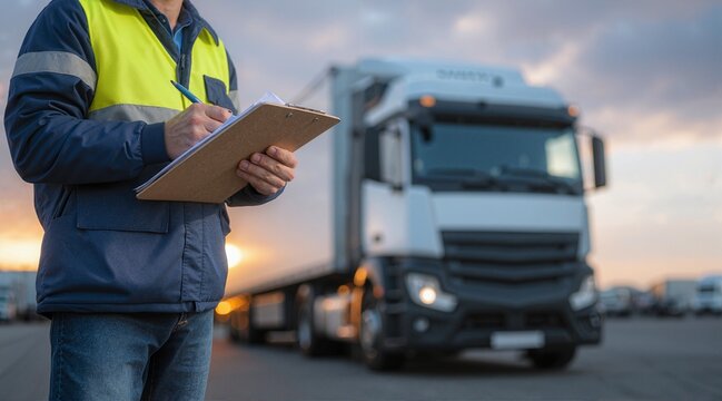 Logistics worker with clipboard near delivery truck, reviewing shipping documents. Transportation industry professional on a distribution job. - Powered by Adobe