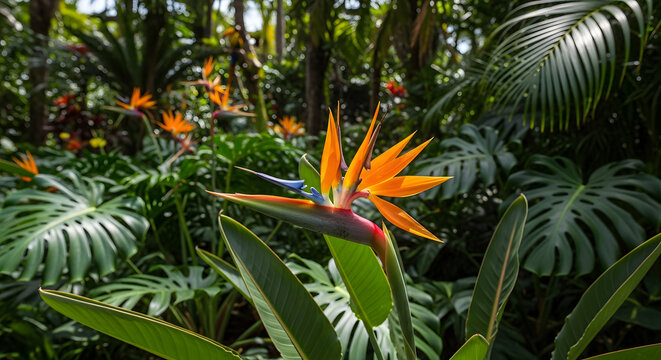 A vibrant bird of paradise flower stands out amidst a backdrop of lush, tropical foliage.