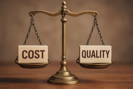 Balance cost quality concept with wooden blocks on vintage scale representing business decision and value