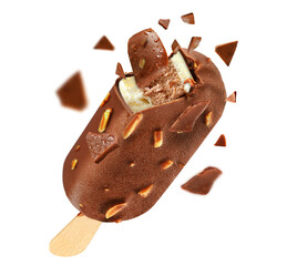Chocolate popsicle with chocolate coating, coconut pieces and creamy filling with explosive shell