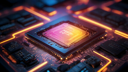 Fototapeta premium AI chip with futuristic typography on glowing microprocessor
