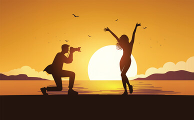 Fototapeta premium Photographer Capturing Woman at Sunset on the Beach Silhouette