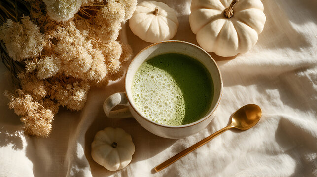 Cozy fall scene with matcha latte, decorative pumpkins, and dried floral arrangement in warm sunlight.