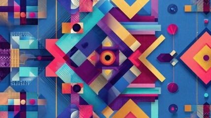 Symmetrical composition of layered, colorful geometric shapes on a textured, blue background