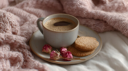 Cozy coffee break with cookies and roses, snuggled in soft blanket for a relaxing moment of indulgence.