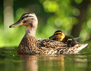 Obraz premium Mother duck and duckling on water (1)