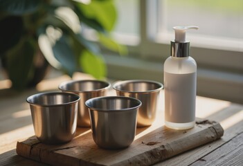 Chemical peel solution bottles with measuring cups on a wooden surface