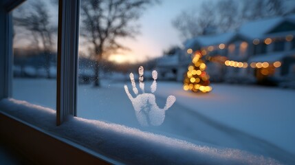 Winter's Embrace: A snowy handprint on the window pane captures a moment of joy amidst the snow-covered scenery on a winter evening.