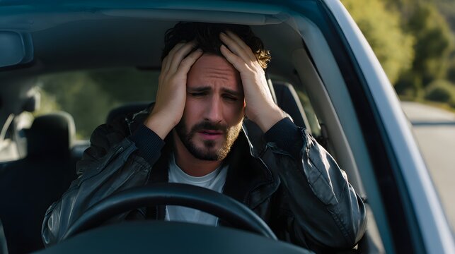 Stressed driver in car with hands on head, looking overwhelmed and anxious about a difficult situation or problem while on the road.