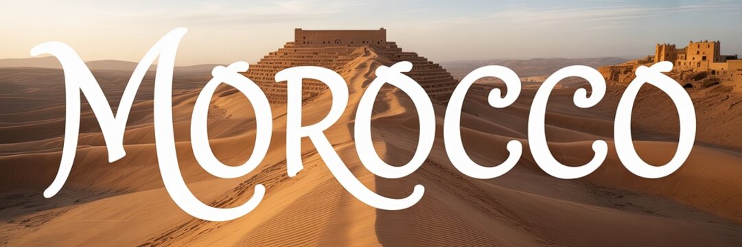 Morocco Desert Landscape Banner with Traditional Fortress and Artistic Typography at Sunset, Travel Destination Concept