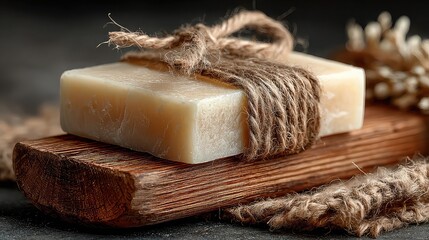 Bar of soap on bamboo slab, tied with string. -