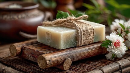 Bar of soap on bamboo slab, tied with string. 